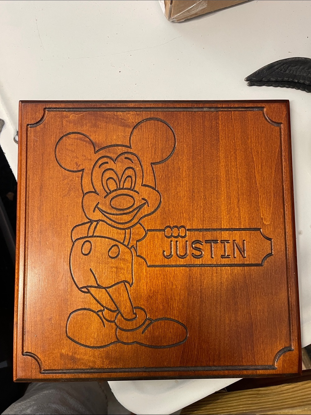 Personalized Mickey Mouse Wooden Plaque - Justin - Warm Brown
